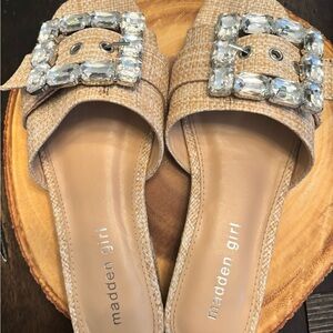 Madden Girl Tan Jeweled Buckle Slide Mules